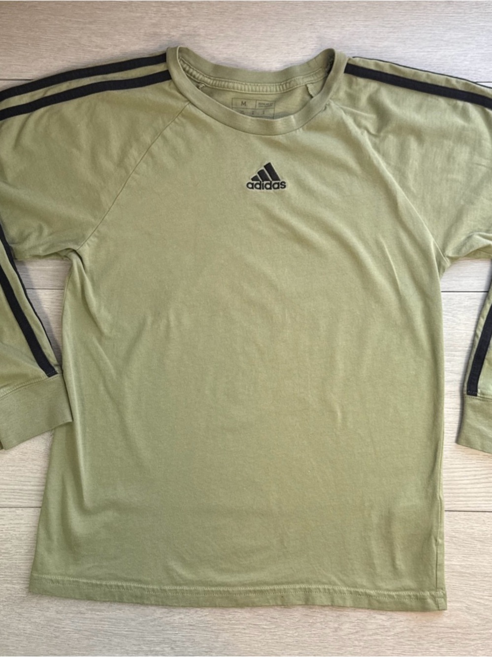 Adidas Youth Medium 10/12 Long Sleeve T-Shirt Olive Green Black 3-Stripe Regular